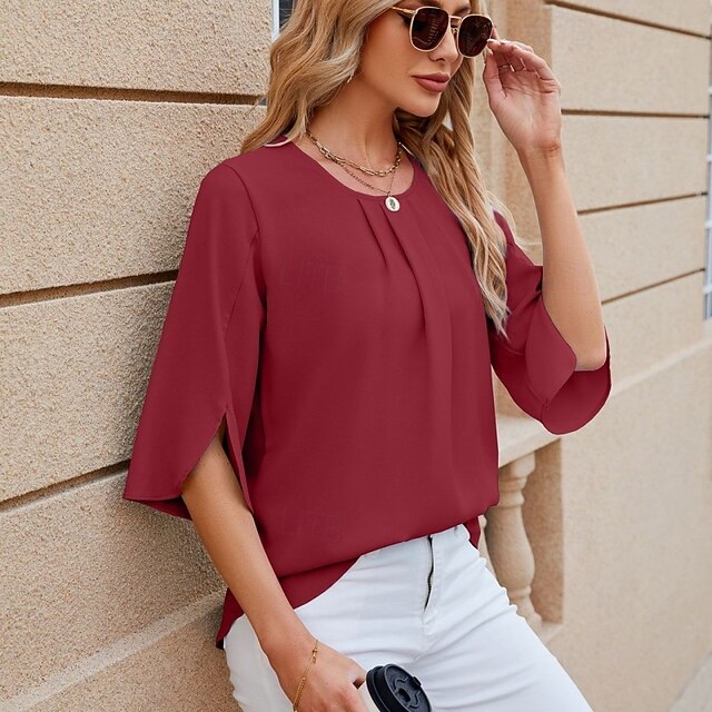 Women's Shirt Blouse Chiffon Tops Ruched Plain Stylish