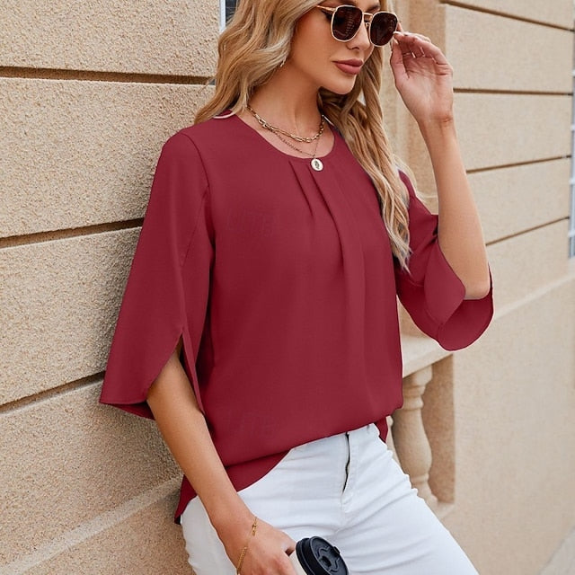 Women's Shirt Blouse Chiffon Tops Ruched Plain Stylish