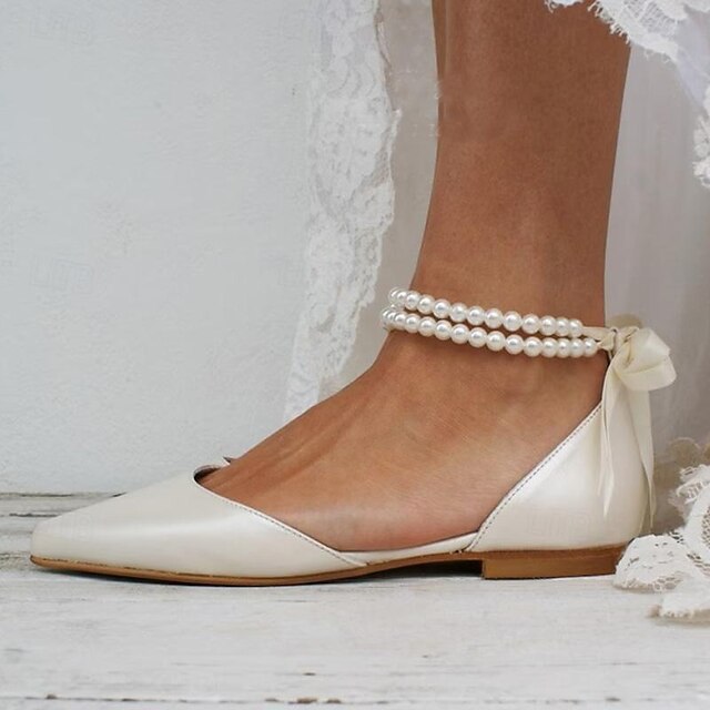 Elegant – Flats Bridal Ankle Women's Pearl Strap White