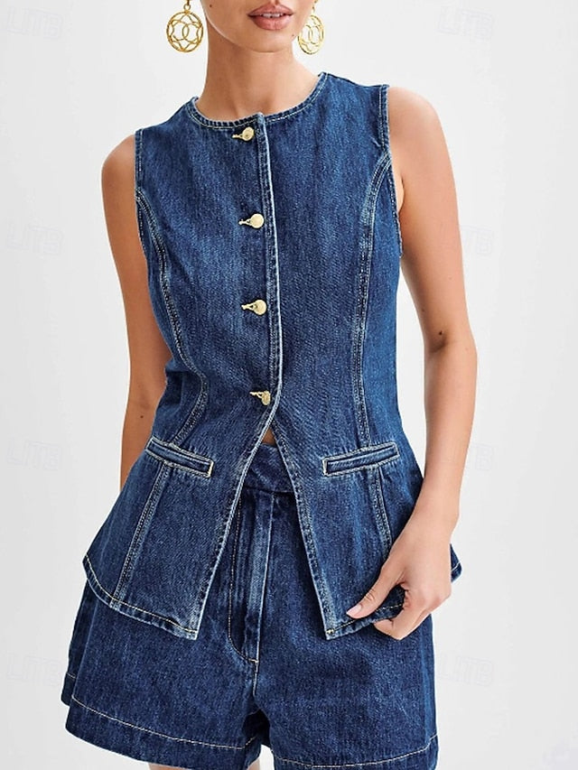 Women's Blouse Shorts Sets Sleeveless Crew Neck Solid Color