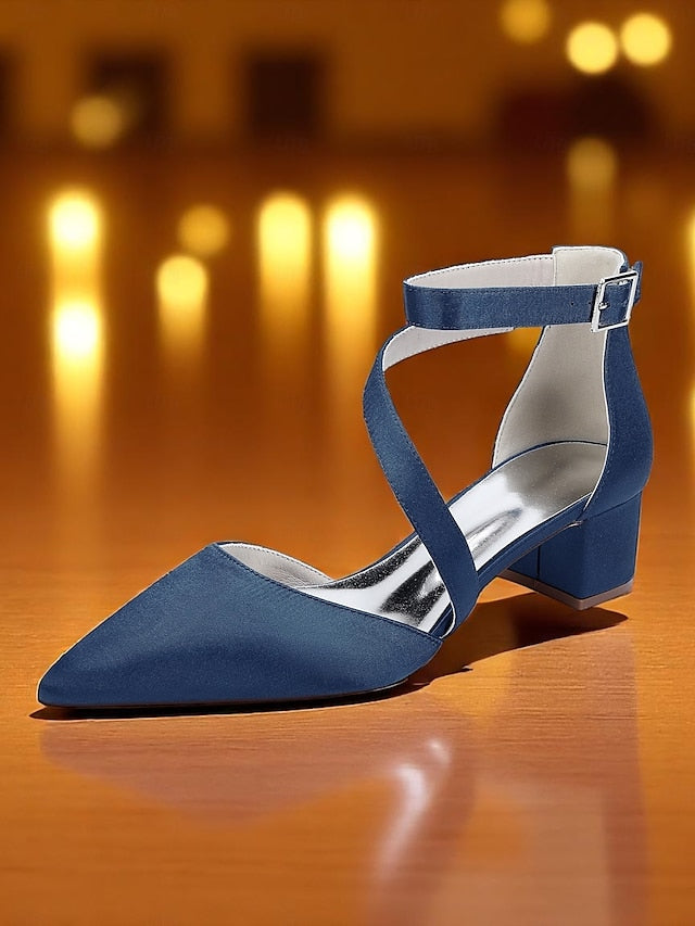 Toe Women's Block Satin Pointed - Heels Champagne