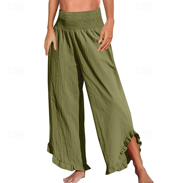 Women's Cotton Linen Pants Culottes Wide Leg Slacks Fashion