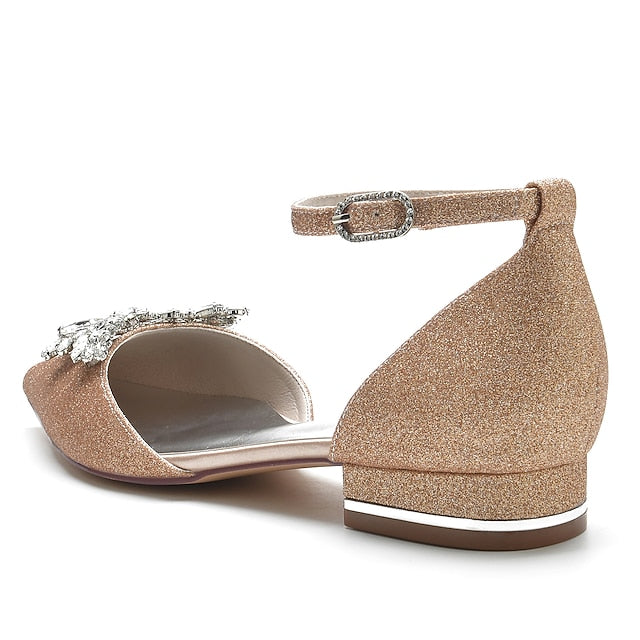 – White Satin Women's Flats Design Floral with Rhinestone