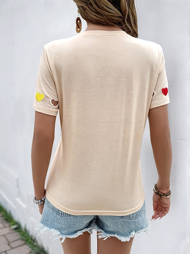 Women's T Shirt Embroidered Cut Out Heart Cute Stylish