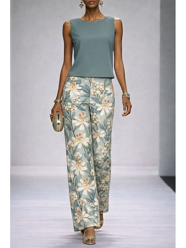 Women's Pants Sets Sleeveless Crew Neck Floral Graphic