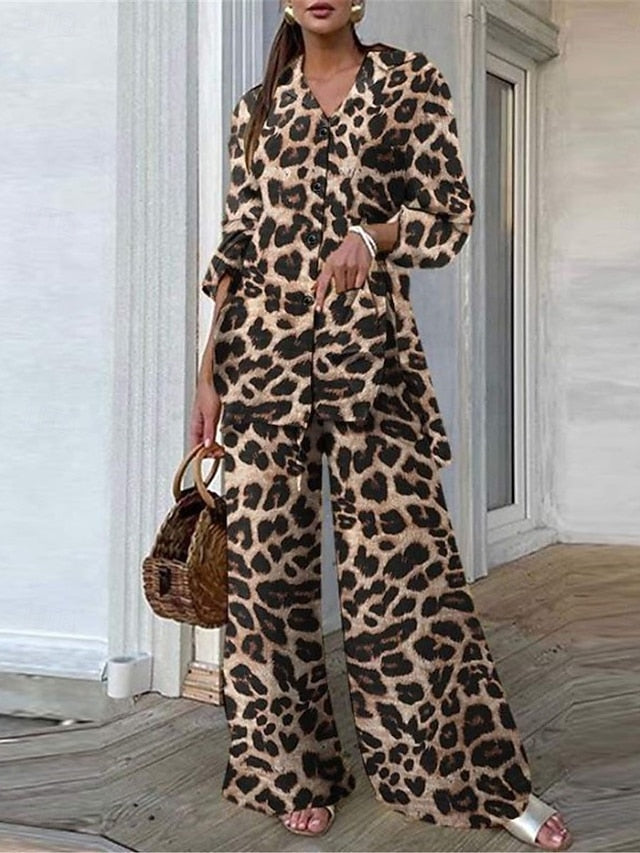 Women's Shirt Wide Leg Pants Long Sleeve Shirt Collar