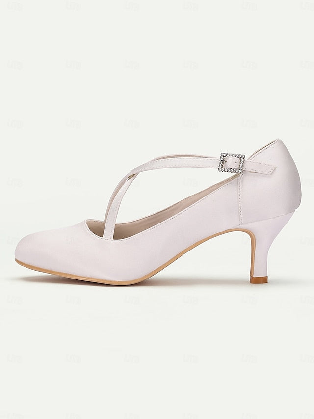 Rhinestone – Satin Buckle Heels with Elegant Cross-Strap White