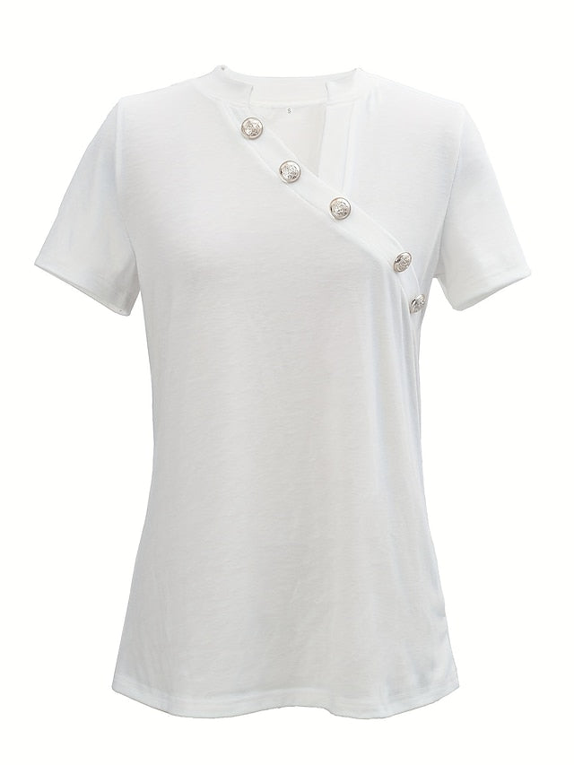 Women's T Shirt Dressy Tops Buttons Solid Color Stylish