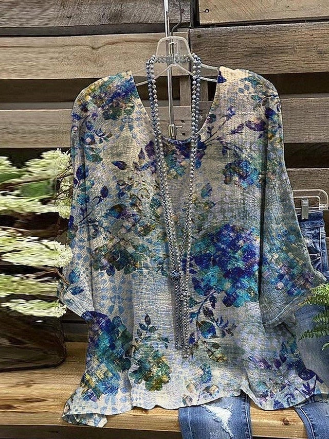 Women's Shirt Print Floral Stylish 3/4 Length Sleeve Crew