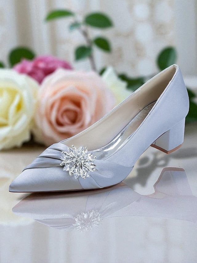 Women's White Block with Pumps Heel Low Crystal