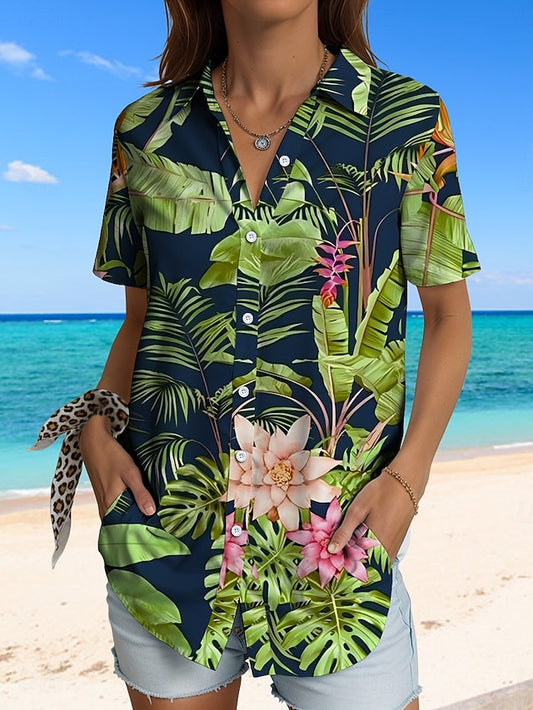 Women's Shirt Short Sleeve Button Down Blouse Graphic Leaf