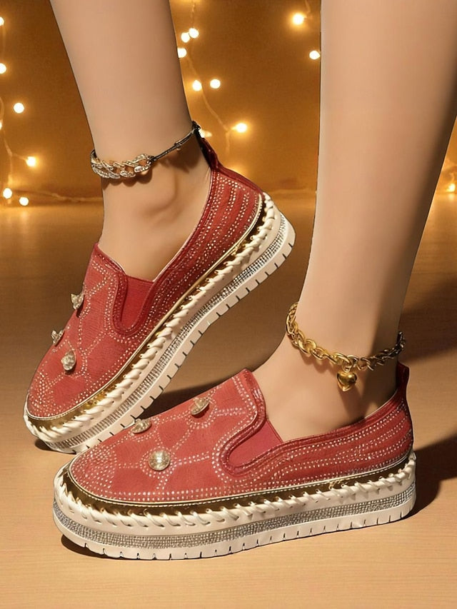 Rhinestone Red Sneakers Studs with Slip-On Platform Women's