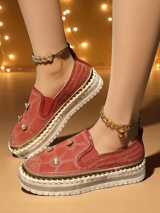 Rhinestone Red Sneakers Studs with Slip-On Platform Women's