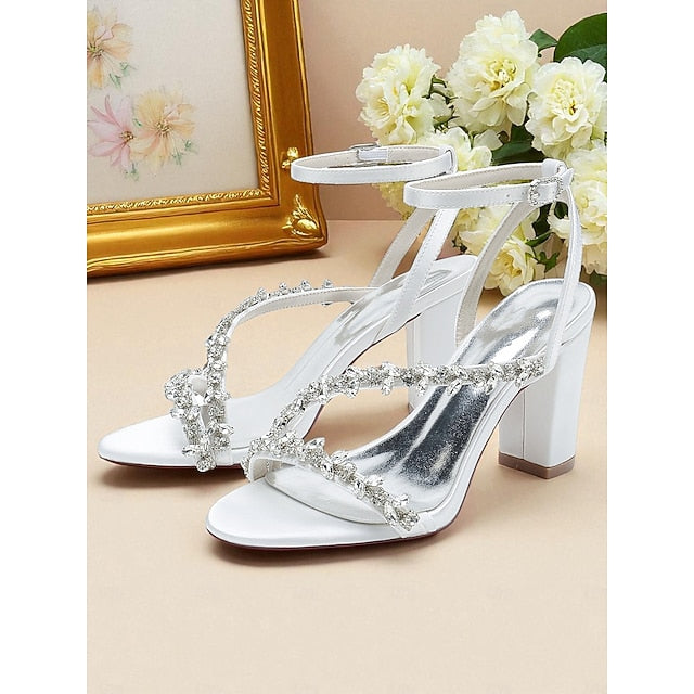 Heel Block White with Women's - Sandals Rhinestone Straps