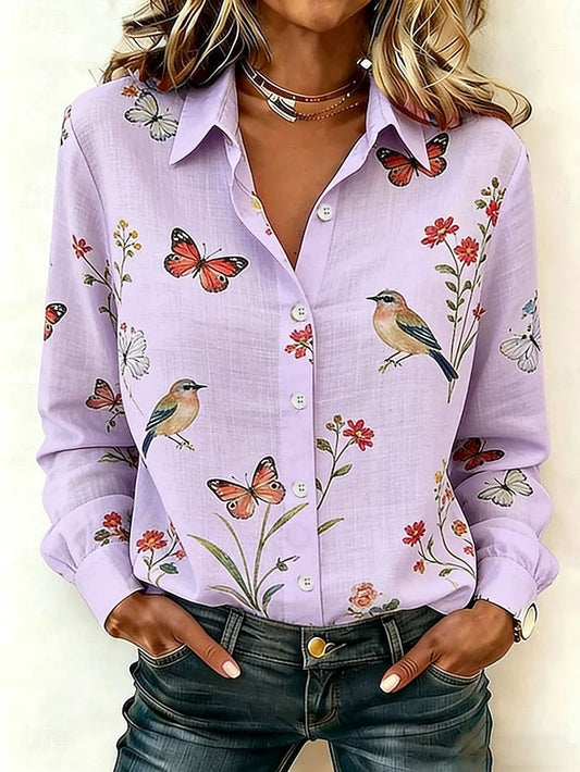 Women's Shirt Buttons Print Floral Graphic Bird Elegant