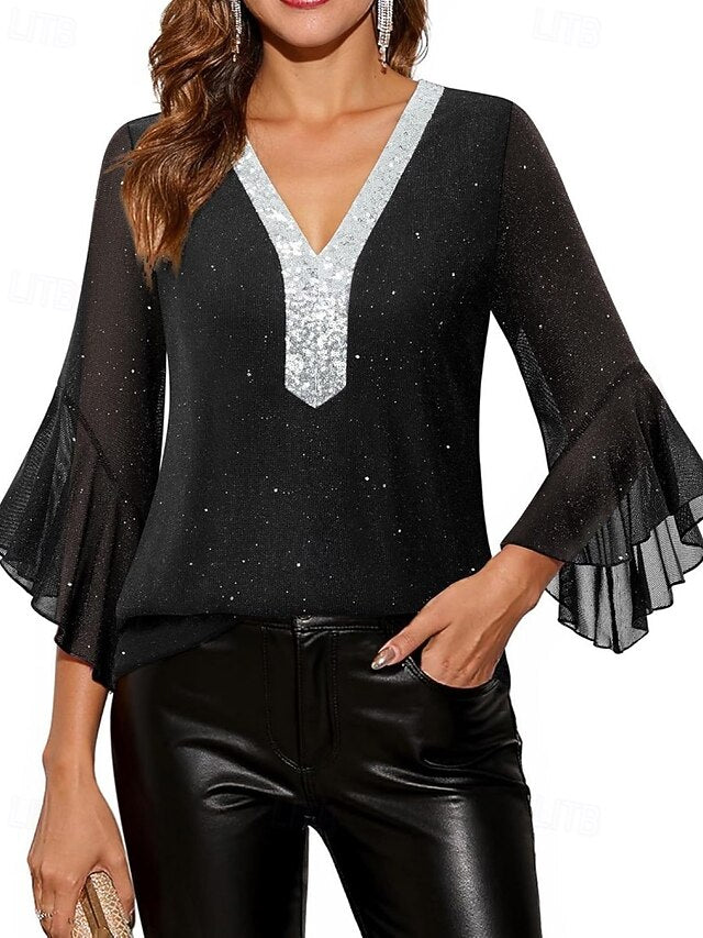 Women's Blouse Sequin Tops Patchwork Color Block Stylish