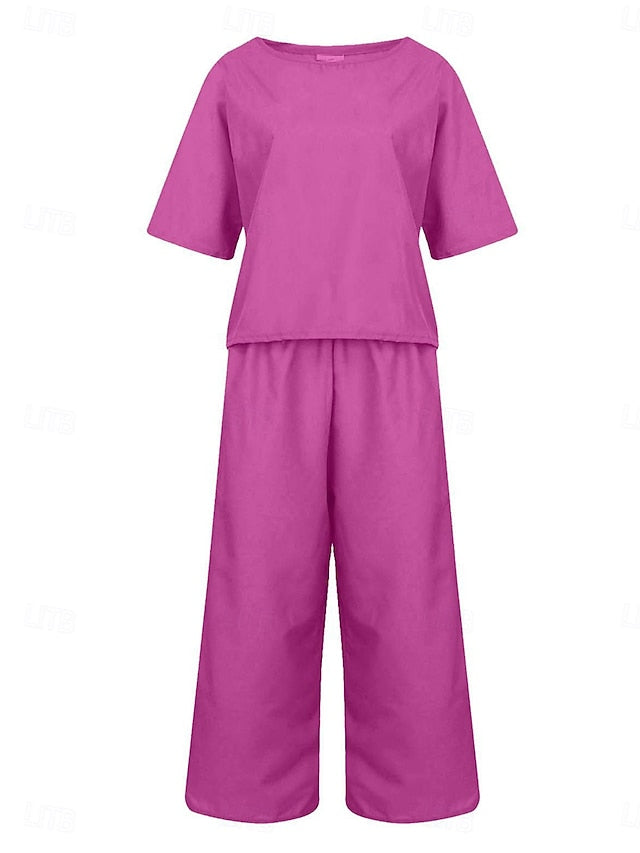 Women's Pants Sets Faux Cotton Linen Short Sleeve Plain