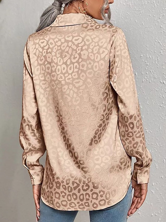 Women's Shirt Elegant Satin Top Blouse Buttons Leopard