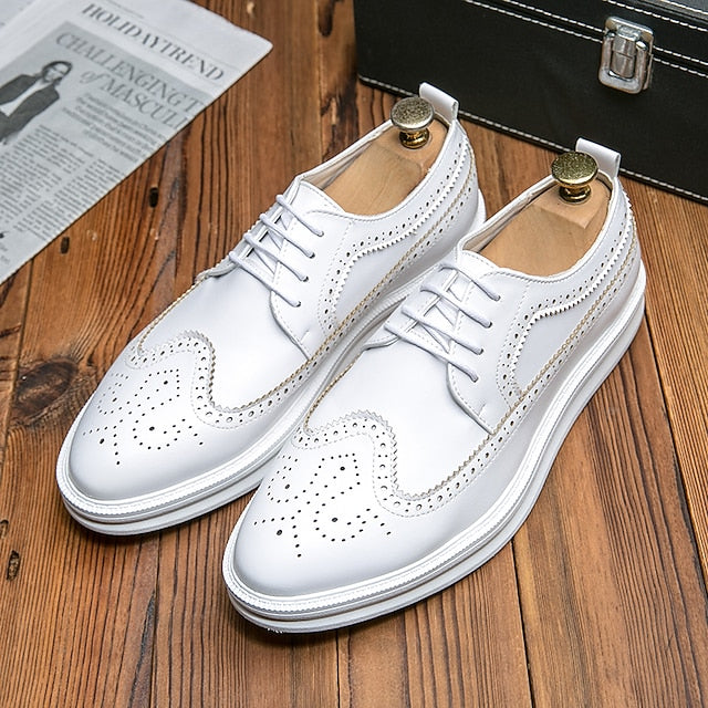 White Lace-Up Leather Derby Stylish Men's Brogue Shoes -