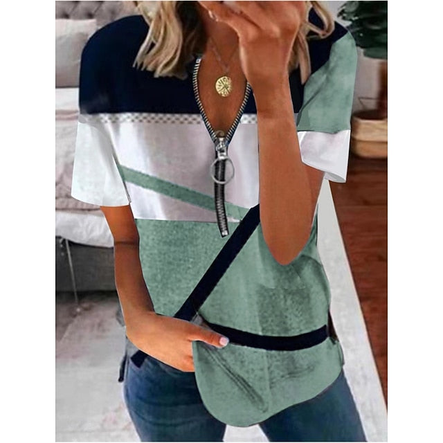 Women's T Shirt Tee Top Zipper Print Geometric Fashion