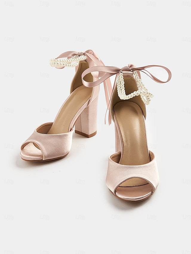 Heel Ankle Block with Women's Peep-Toe Pearl Satin Sandals