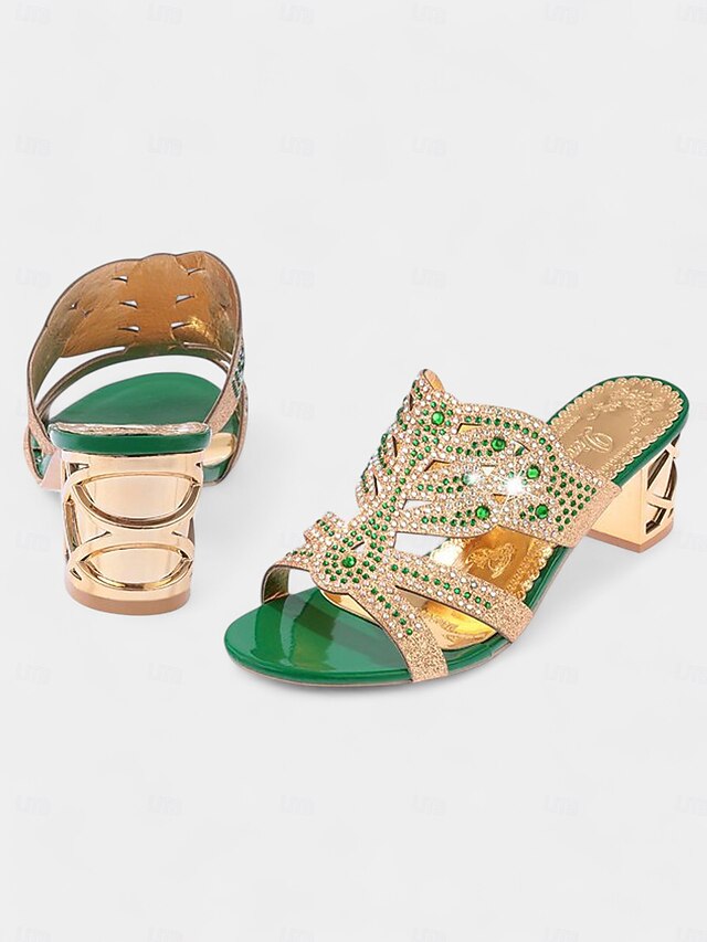 and Gold - Heeled Sandals Embellished Green Rhinestone