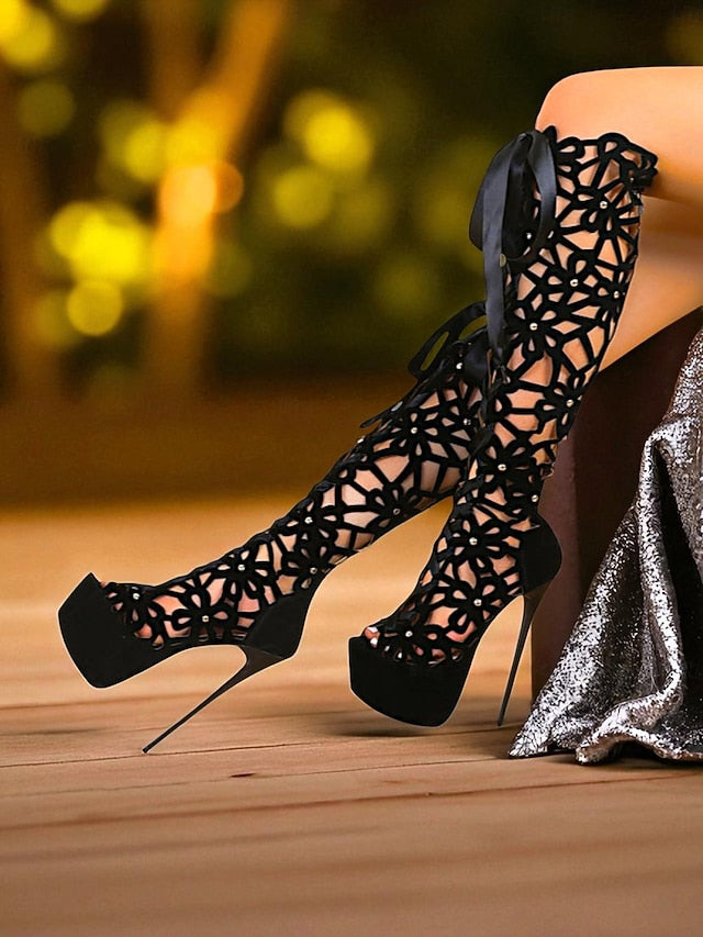 Knee Women's Boots Cutout High Stiletto Sexy Peep Platform