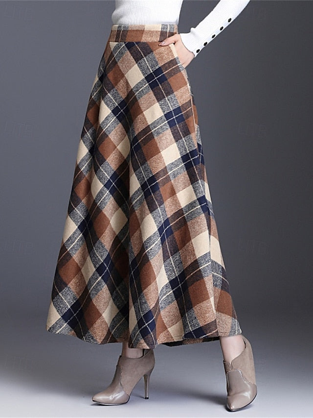 Women's Elegant Retro Vintage Maxi High Waist Skirts Plaid