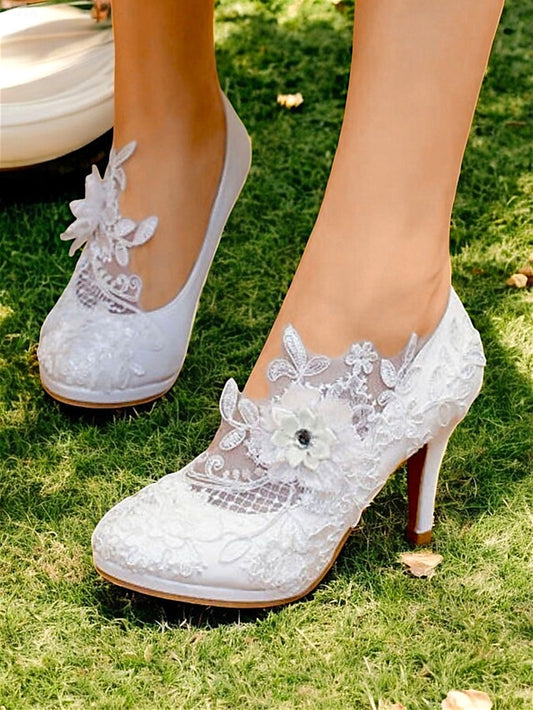 Bridal Shoes – High with Floral Lace Heel Embellishments White