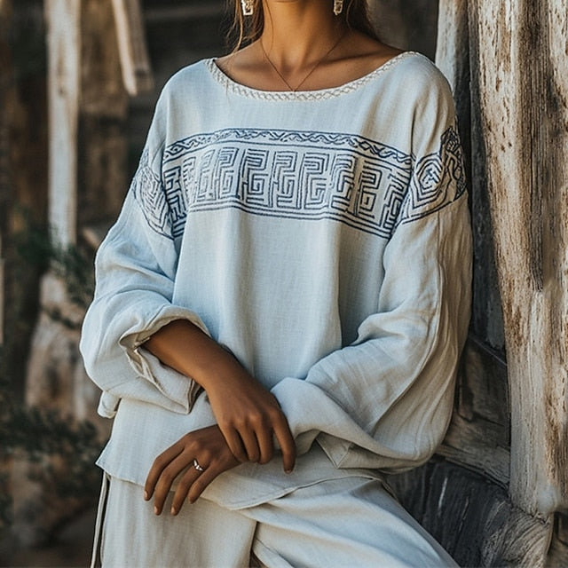 Women's Boho Shirt Faux Cotton Linen Print Geometric Plain