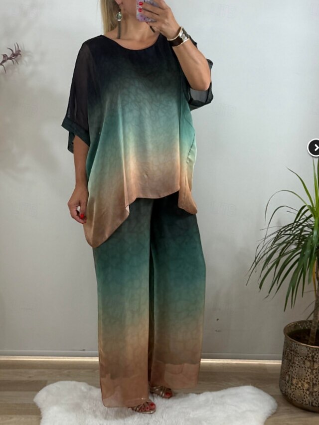 Women's Pants Sets 3/4 Length Sleeve Crew Neck Gradient