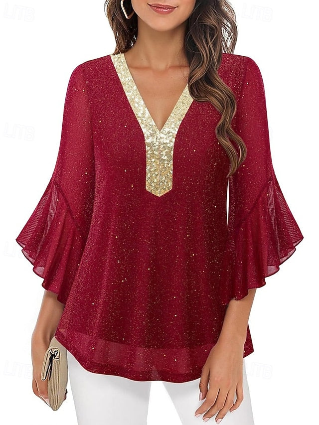Women's Blouse Sequin Tops Patchwork Color Block Stylish