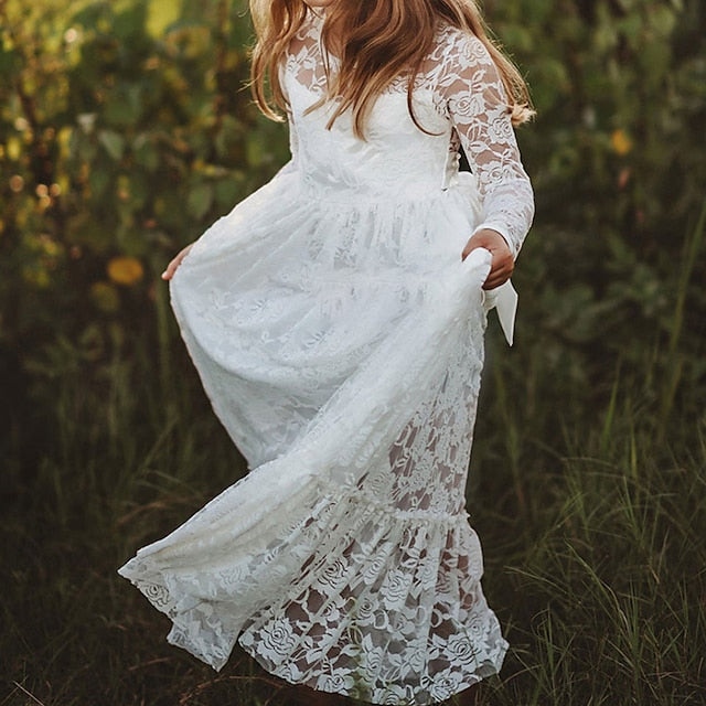 Long Girls' Colored Dress Girl Flower Solid Kids