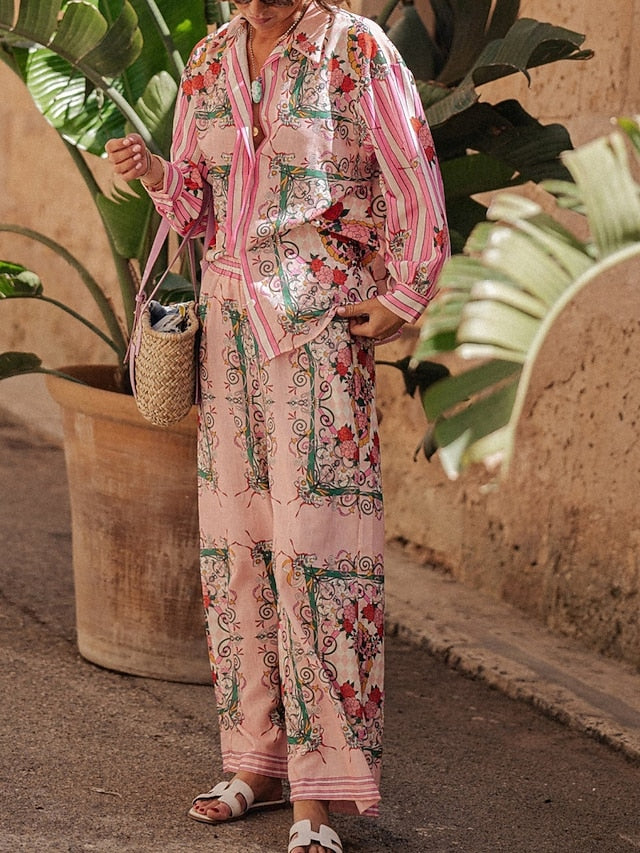 Women's Shirt Blouse Wide Leg Pants Long Sleeve Shirt