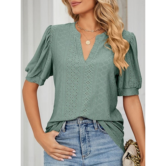 Women's T Shirt Eyelet Plain Fashion Modern Casual Short