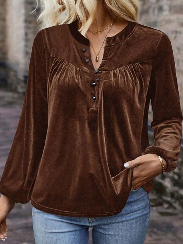 Women's Velvet Elegant Dressy Blouse Buttons Solid Color