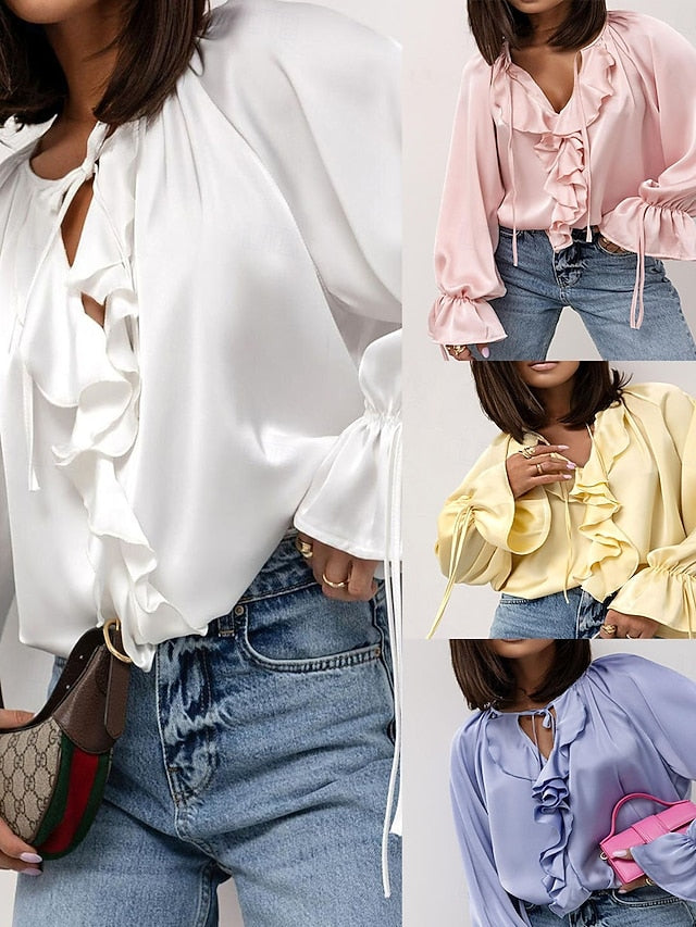 Women's Shirt Blouse Ruffle Patchwork Plain Elegant