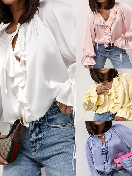Women's Shirt Blouse Ruffle Patchwork Plain Elegant