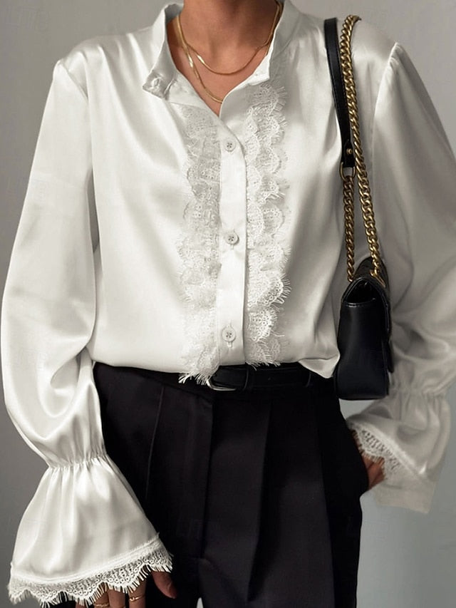 Women's Shirt Elegant Satin Top Blouse Patchwork Lace Trim