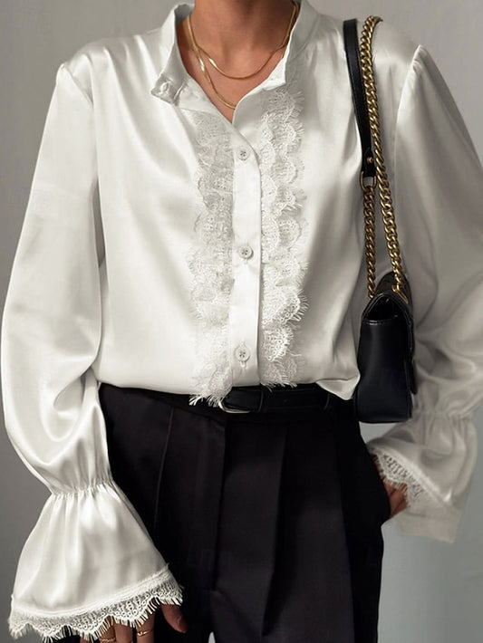 Women's Shirt Elegant Satin Top Blouse Patchwork Lace Trim