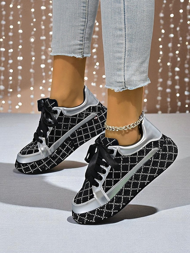Silver Black Women's Rhinestone Quilted Sneakers - and