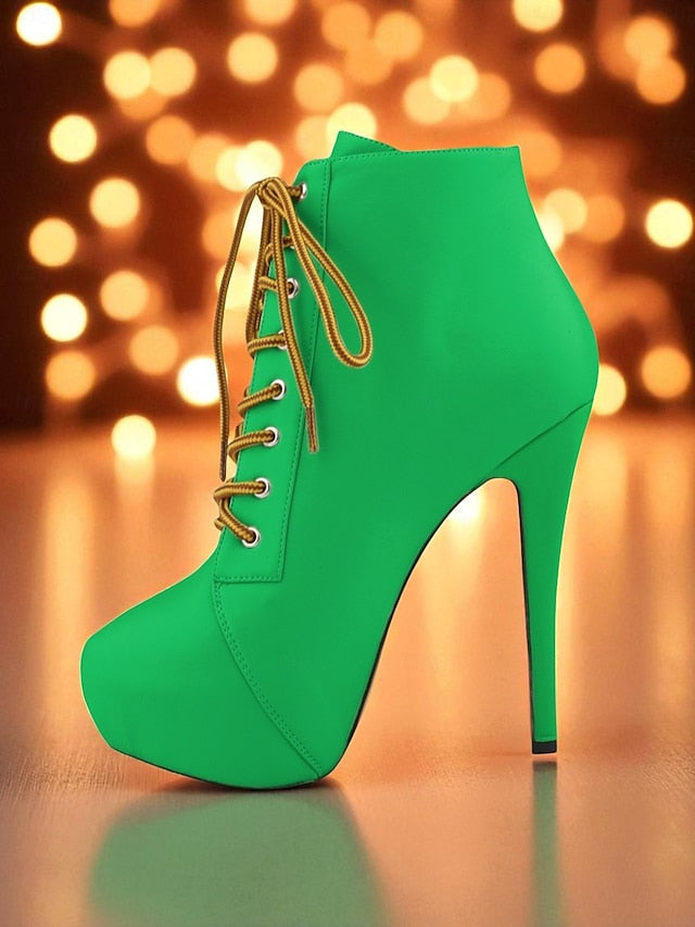 Beige Faux Lace-Up Leather Platform Women's Ankle Boots -