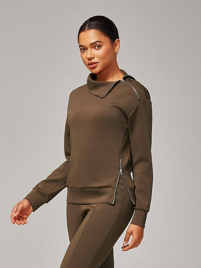 Women's Brown Stretch Knit Zip Slit High Neck Top Tracksuit