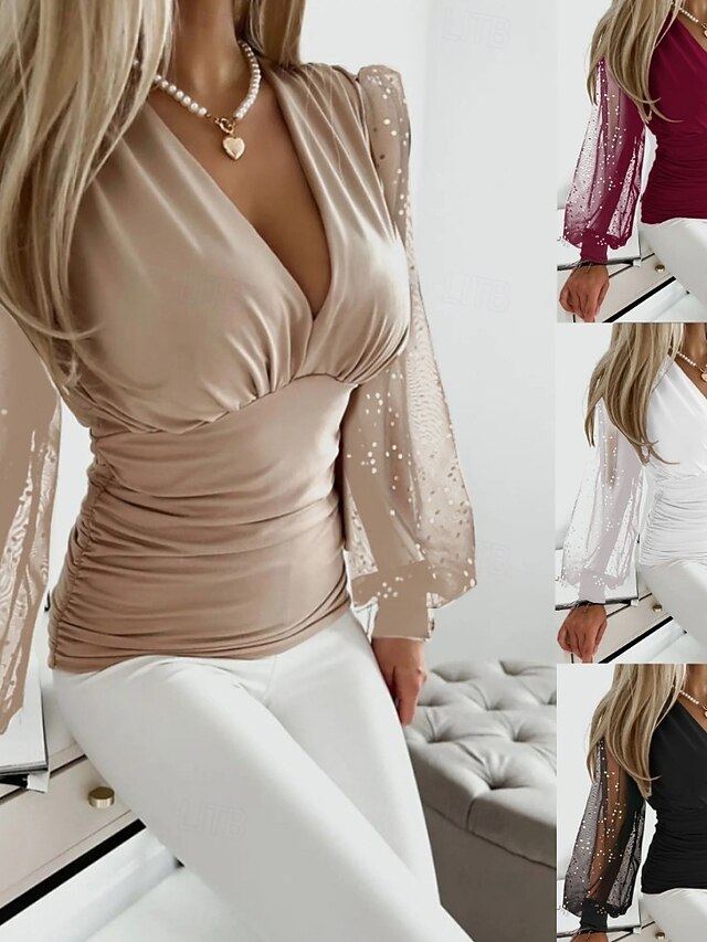 Women's Popover Shirt Casual Shirt Blouse Sequins Patchwork