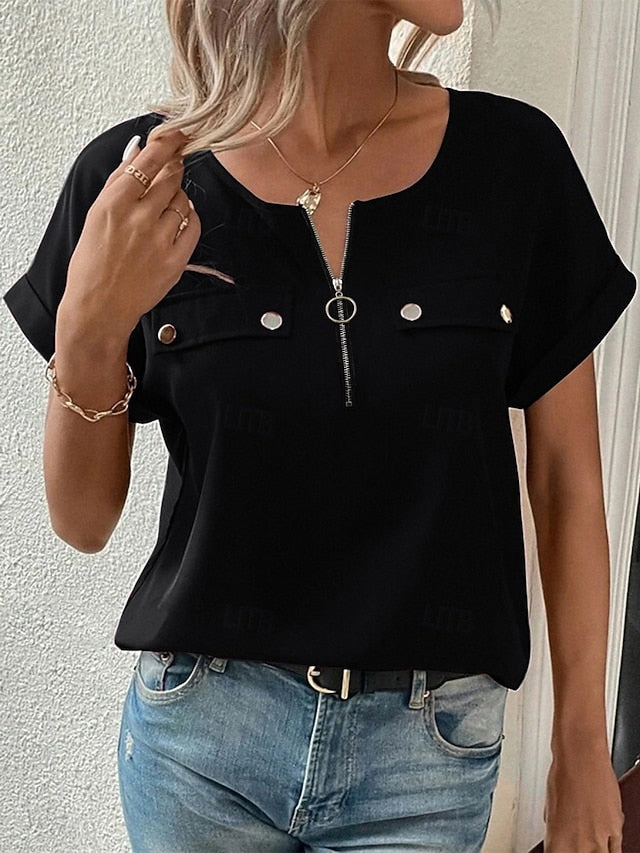 Women's T Shirt Tee Top Zipper Plain Fashion Stylish