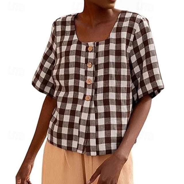 Women's Summer Shirt Casual Shirt Blouse Buttons Plaid