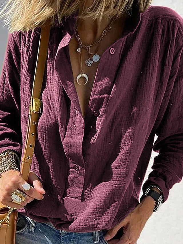 Women's Shirt Blouse Plain Vintage Stylish Long Sleeve V