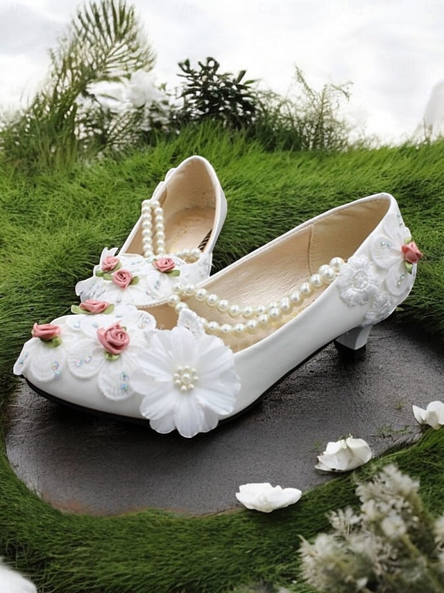 White Embellished Low Heel Strap Bridal Shoes for Pearl Floral