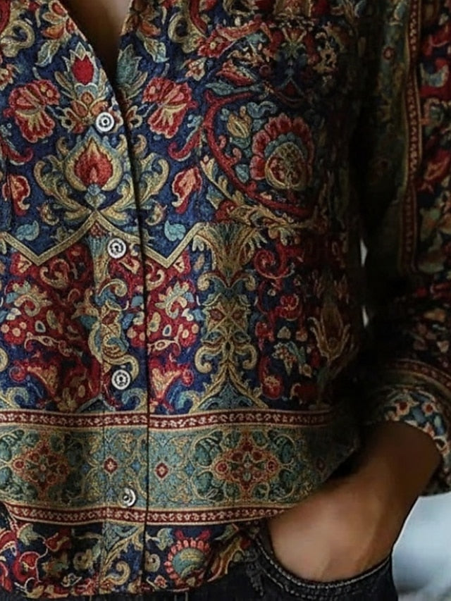 Women's Shirt Boho Shirt Buttons Print Floral Vintage