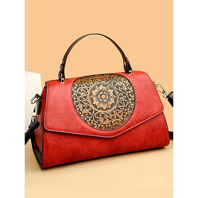 Handbag Leather Floral Engraved – Vintage Women's Faux